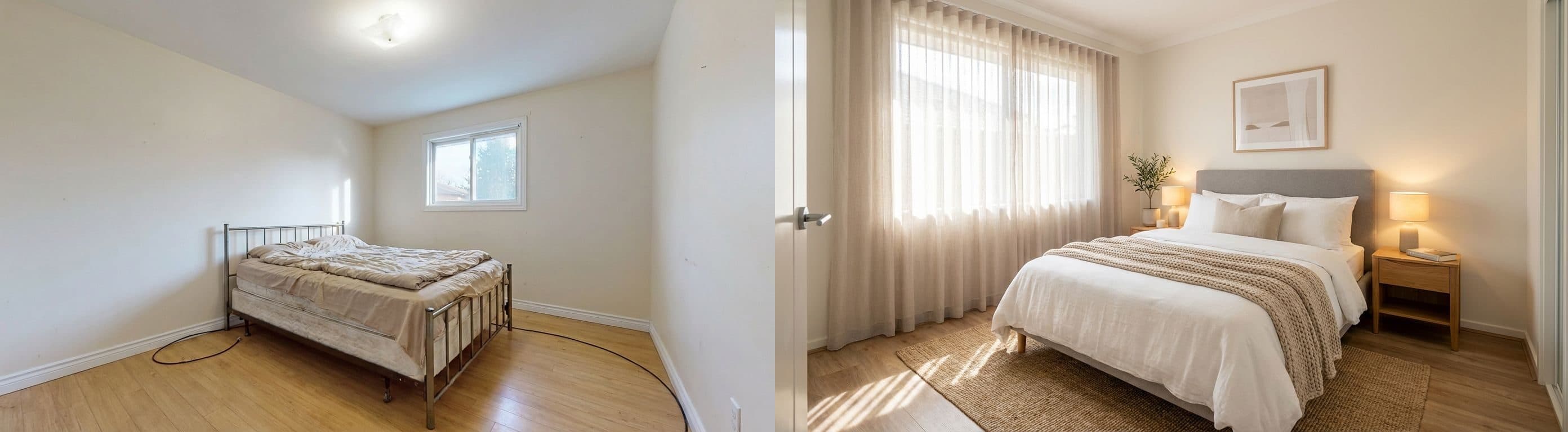 Schlafzimmer: vorher vs. nachher (virtuelles Staging)