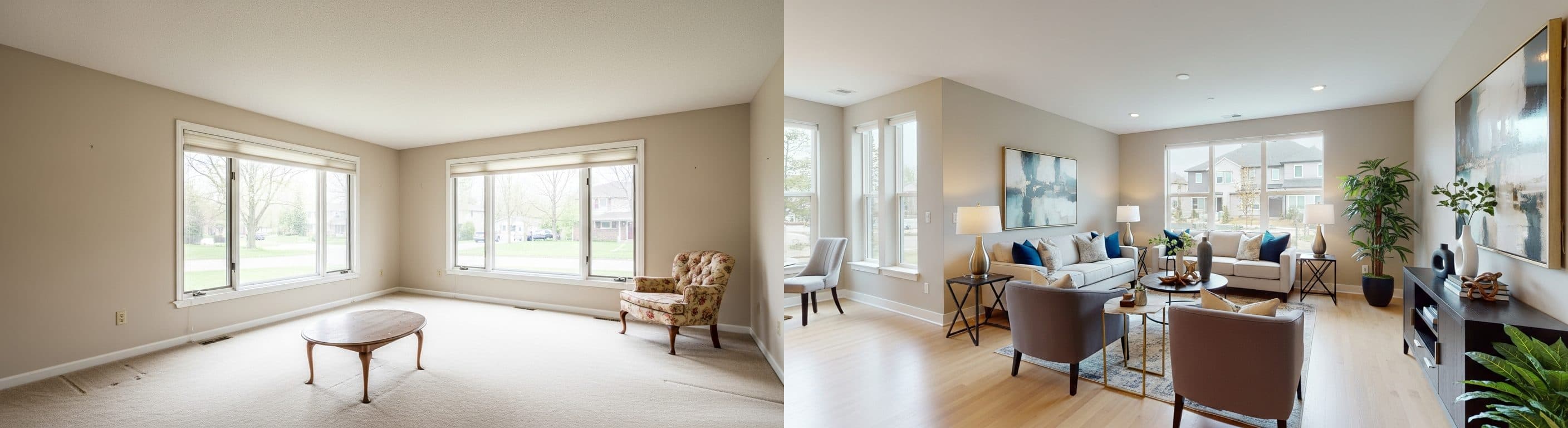 Stue: før vs efter virtuel staging