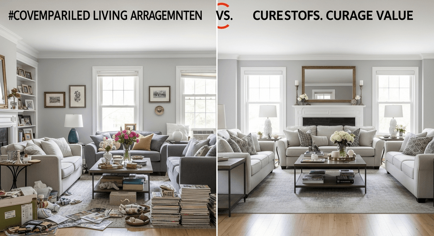 Før og efter home staging-transformation, der viser et rodet rum forvandlet til et rent, værdifuldt rum