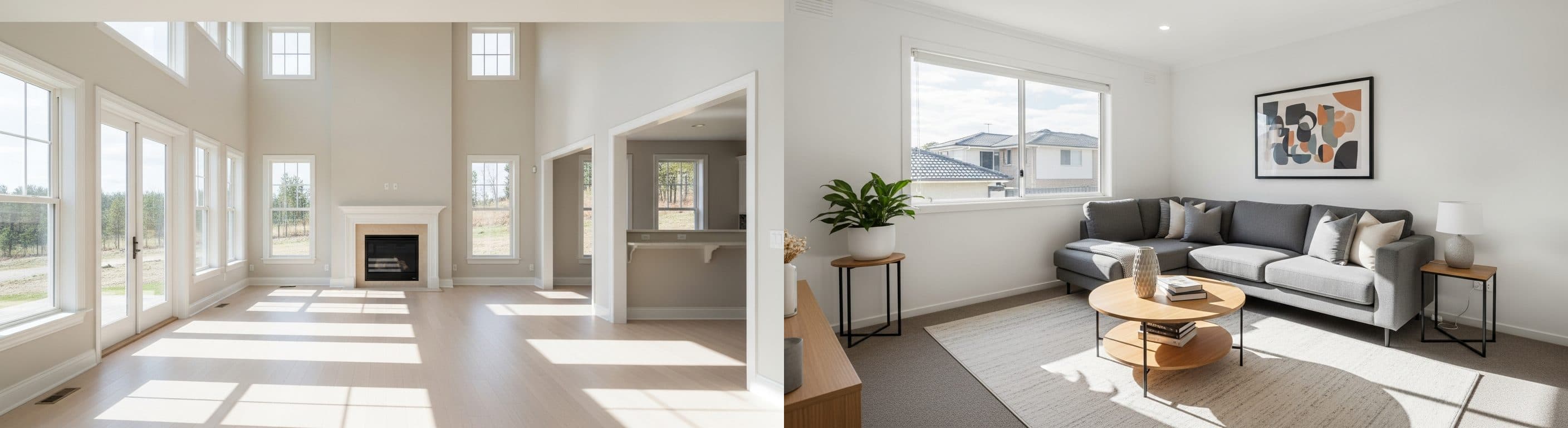 غرفة المعيشة: قبل وبعد التجهيز الافتراضي