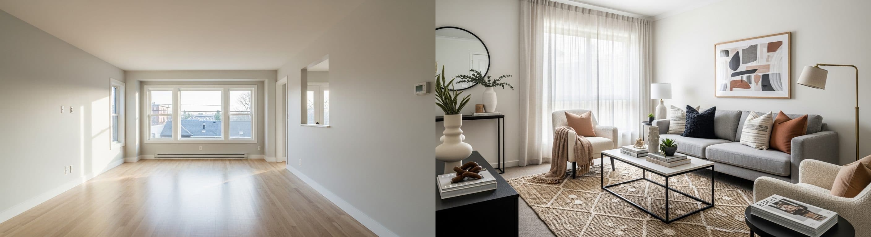 living room: before vs after virtual staging