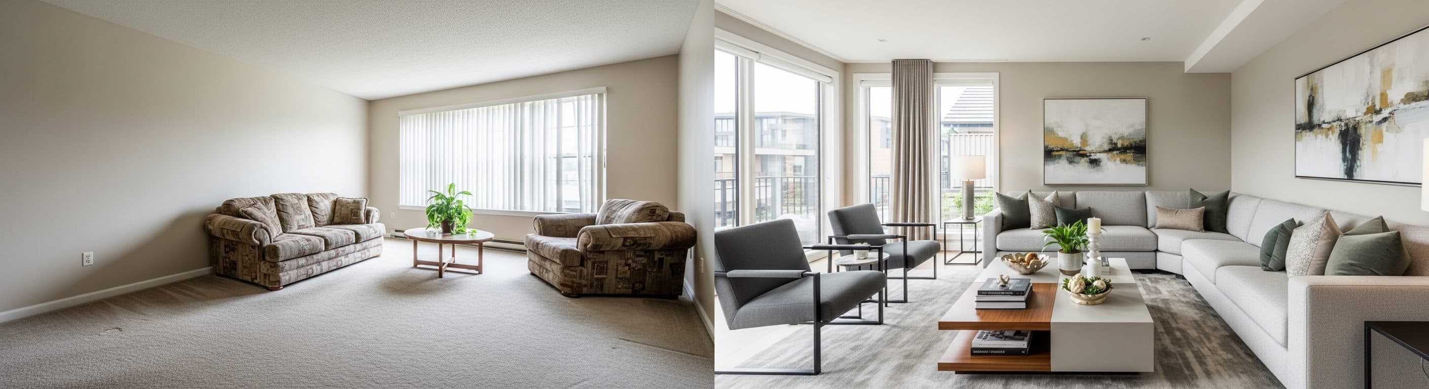 غرفة المعيشة: قبل وبعد التنسيق الافتراضي