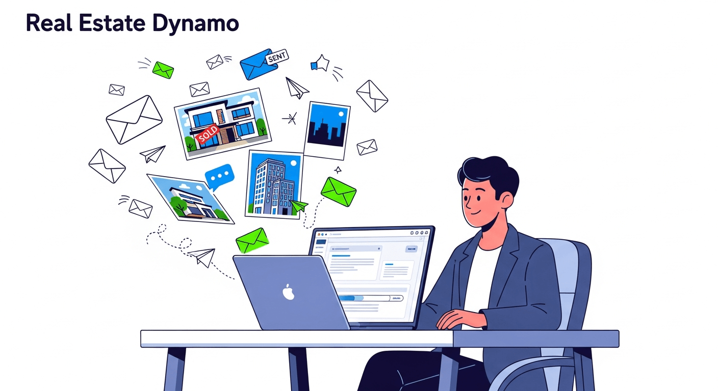 رسم توضيحي لوكيل عقارات يرسل رسائل بريد إلكتروني آلية للمتابعة على جهاز كمبيوتر محمول مع صور عقارات