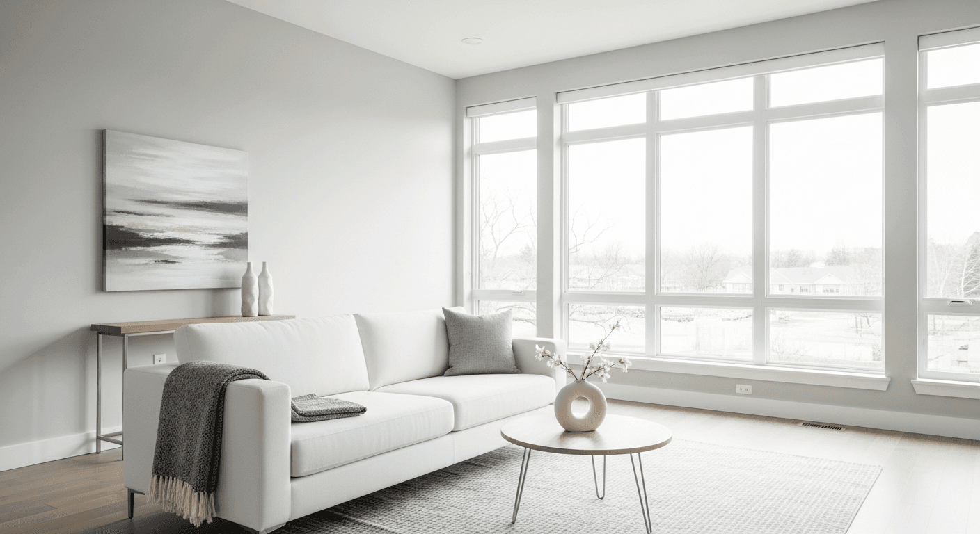 Un salon serein aux tons neutres, murs beiges, mobilier simple et lumière naturelle, évoquant le calme et les possibilités pour les acheteurs immobiliers.