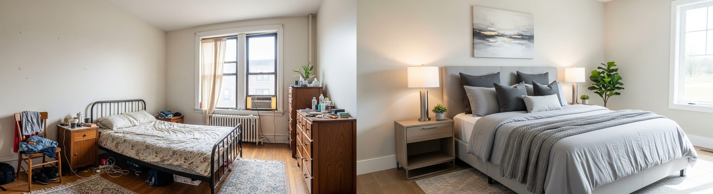 غرفة النوم: قبل وبعد التأثيث الافتراضي