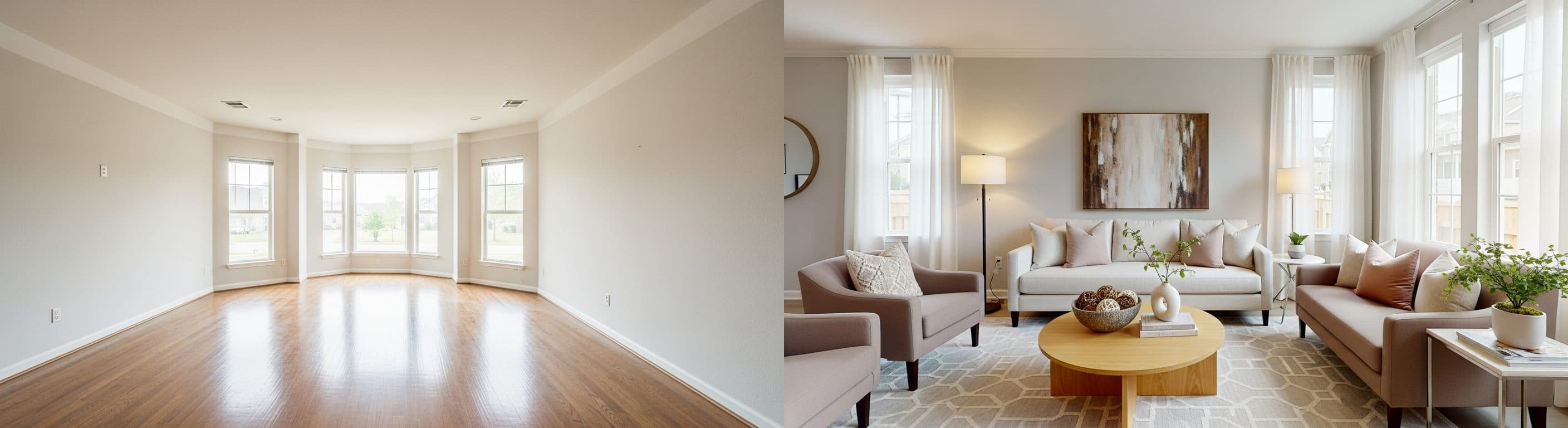 Stue: før vs etter virtuell styling