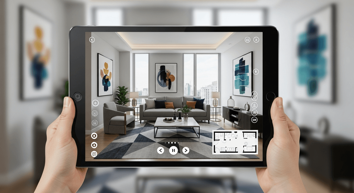 Nowoczesny salon wirtualnie zaaranżowany za pomocą AI, zintegrowany z wirtualną wycieczką 360 stopni na urządzeniu cyfrowym