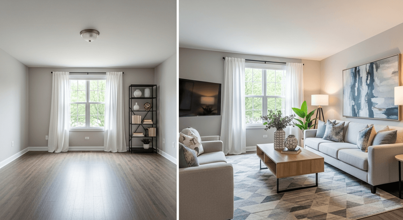 Wohnzimmer: Vorher vs. Nachher virtuelles Staging