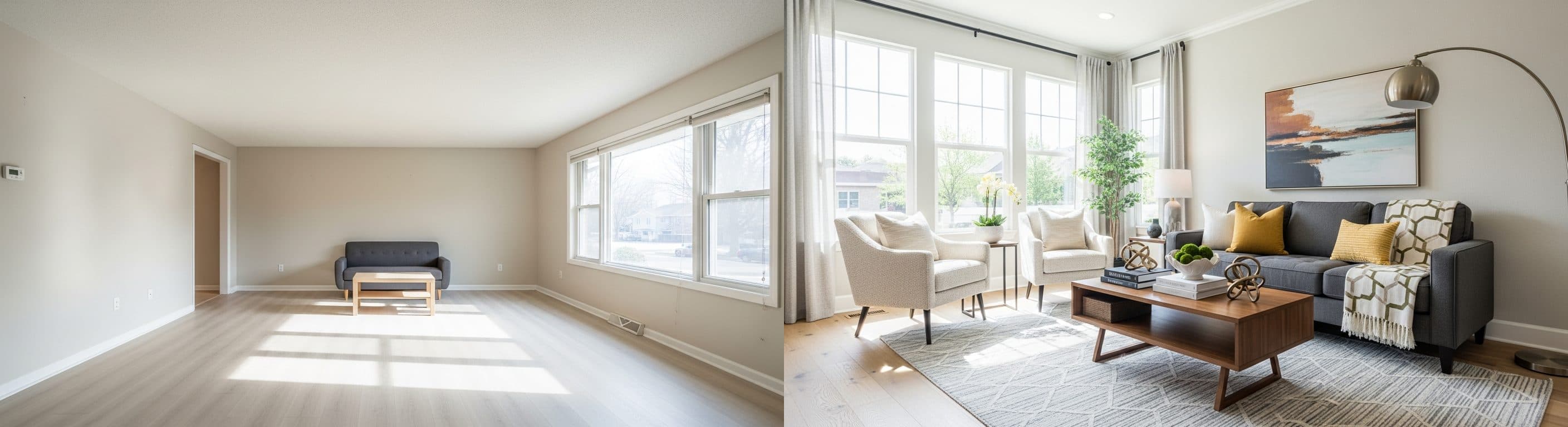 غرفة المعيشة: قبل مقابل بعد التأثيث الافتراضي