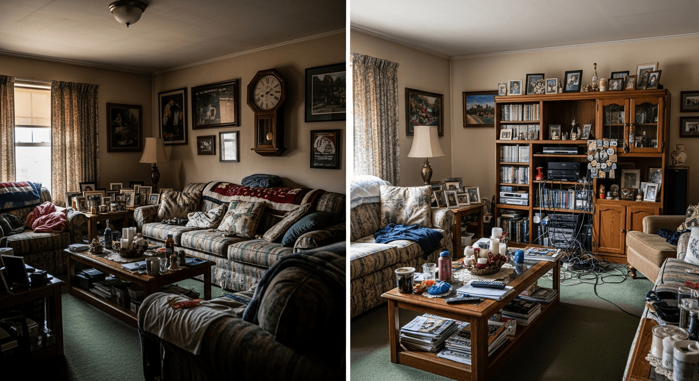 غرفة معيشة قبل وبعد التخلص من الفوضى للتأثيث المنزلي