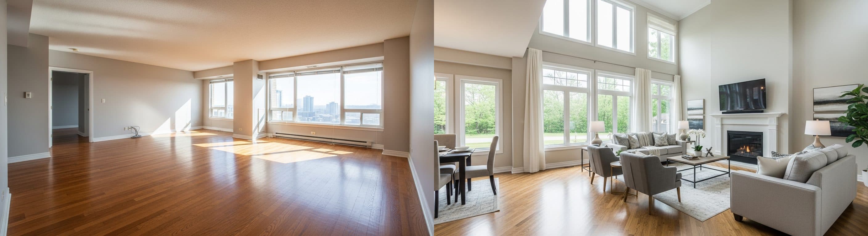 غرفة المعيشة: قبل وبعد التنسيق الافتراضي