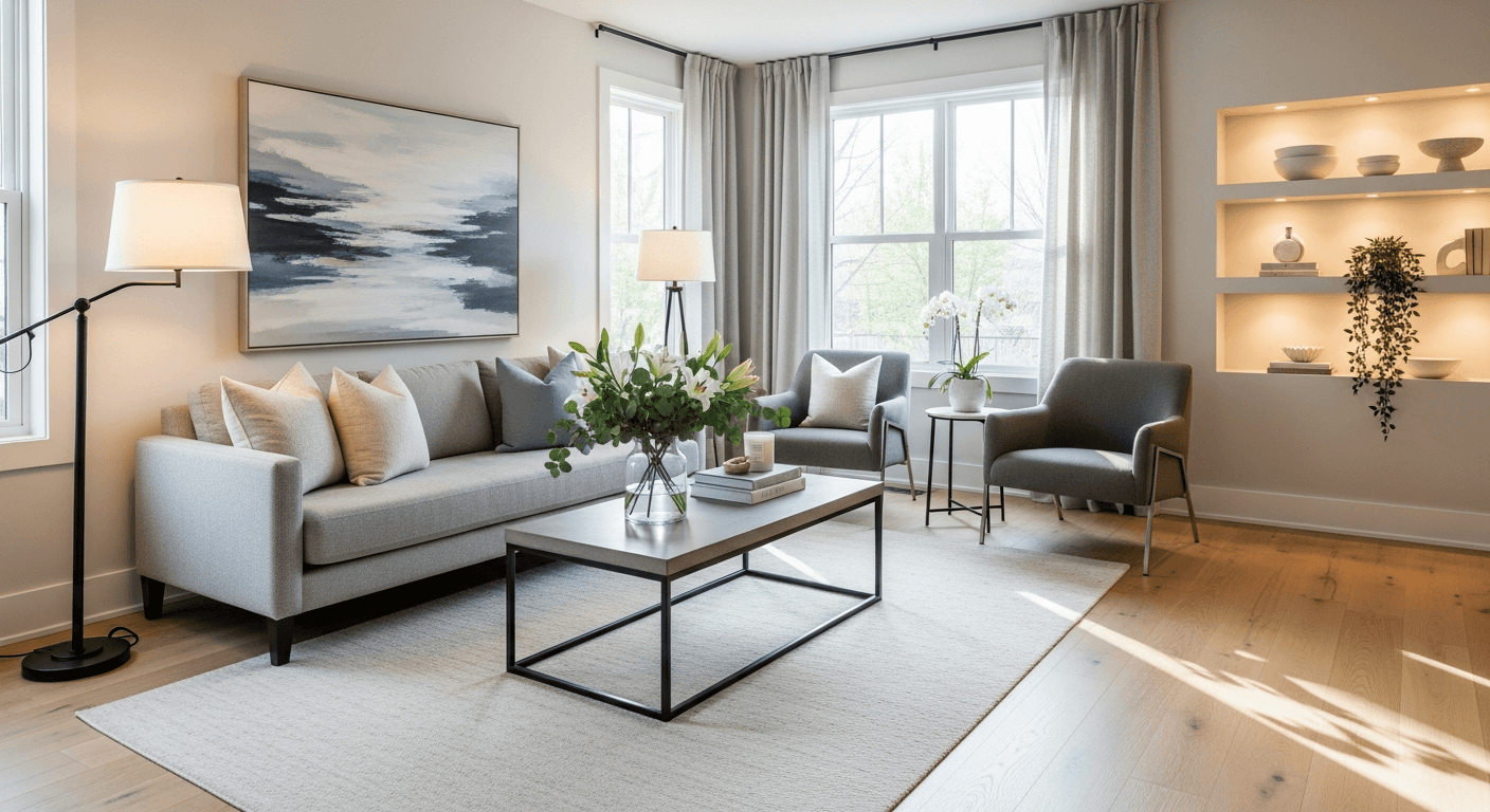 غرفة معيشة منسقة باحترافية مع إضاءة طبيعية وديكور محايد، جاهزة لمعاينة عقارية مثالية