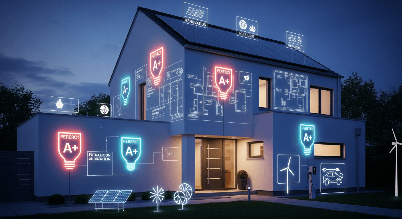 Illustration of a house with energy efficiency labels and renovation tools