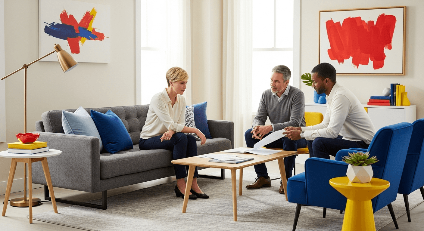 Skupina dedičov harmonicky diskutuje o predaji nehnuteľnosti s upraveným domom v pozadí