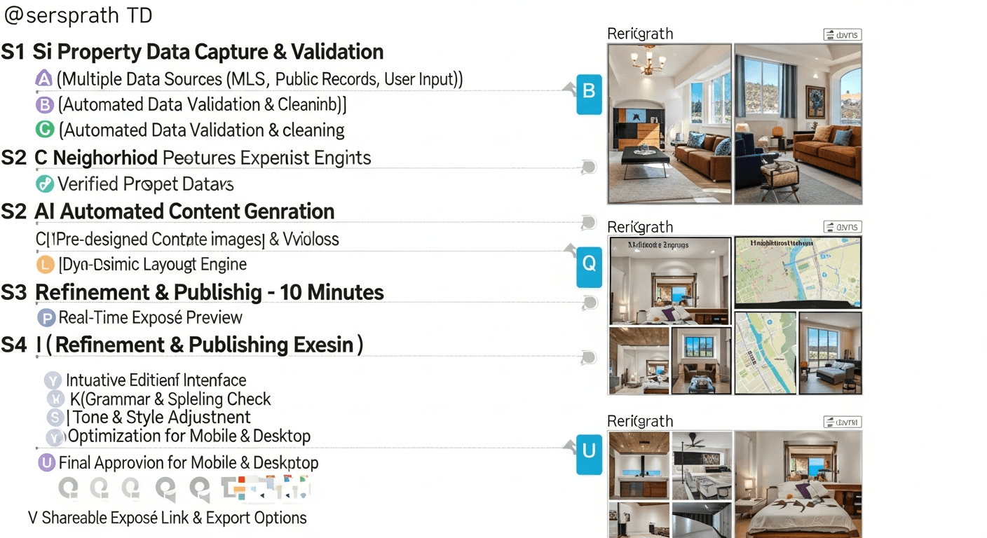 Illustration of a fast real estate listing workflow from data to exposé