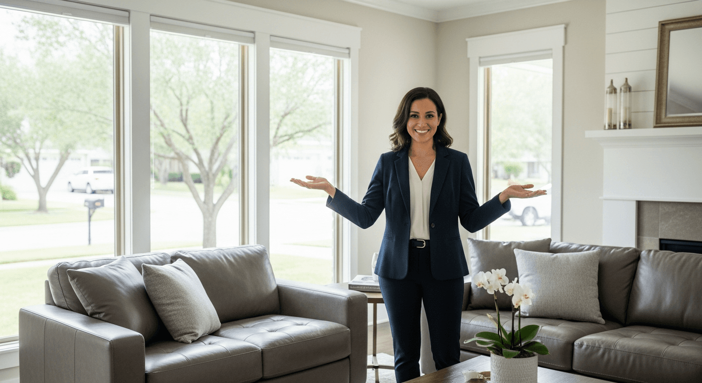 Agjent imobiliar duke diskutuar kundërshtimet me blerësit gjatë një vizite shtëpie