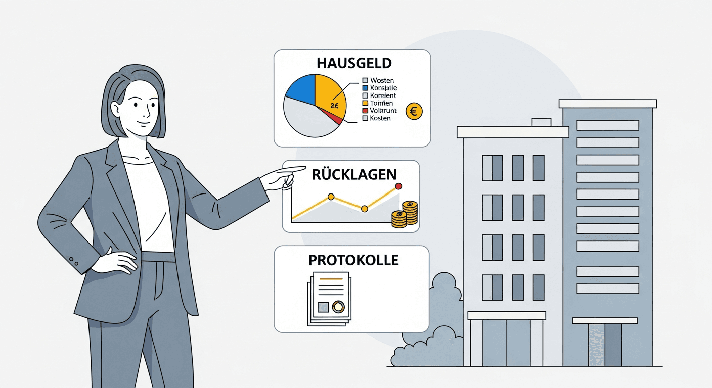 رسم توضيحي لوكيل عقاري يشرح وثائق WEG لمشترٍ مع رسوم بيانية لرسوم الصيانة والاحتياطيات
