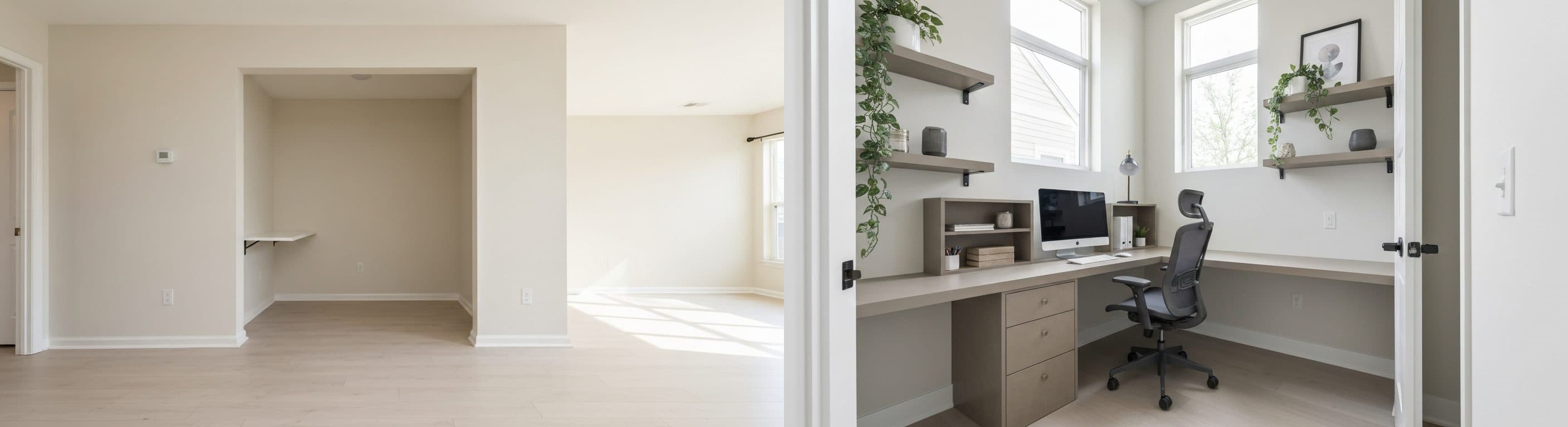 Уголок домашнего офиса: до и после виртуального стейджинга