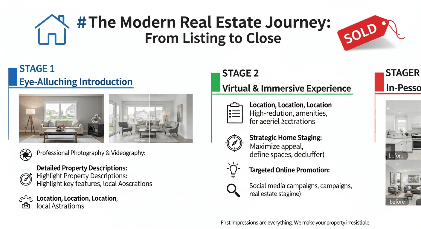 Илюстрация на 3-етапна система за последващи действия при хоум стейджинг, показваща как потенциални клиенти се превръщат в купувачи с елементи на виртуален стейджинг