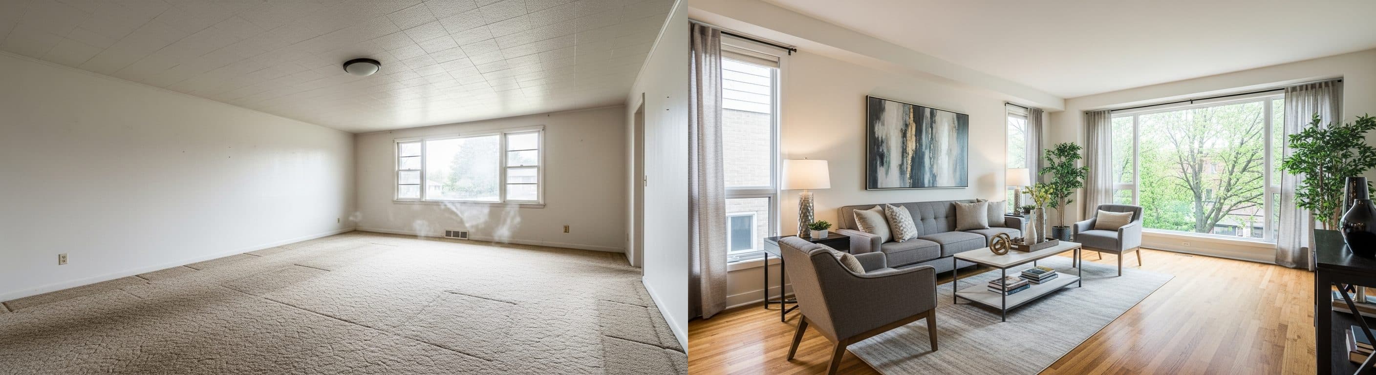 غرفة المعيشة: قبل وبعد التنسيق الافتراضي