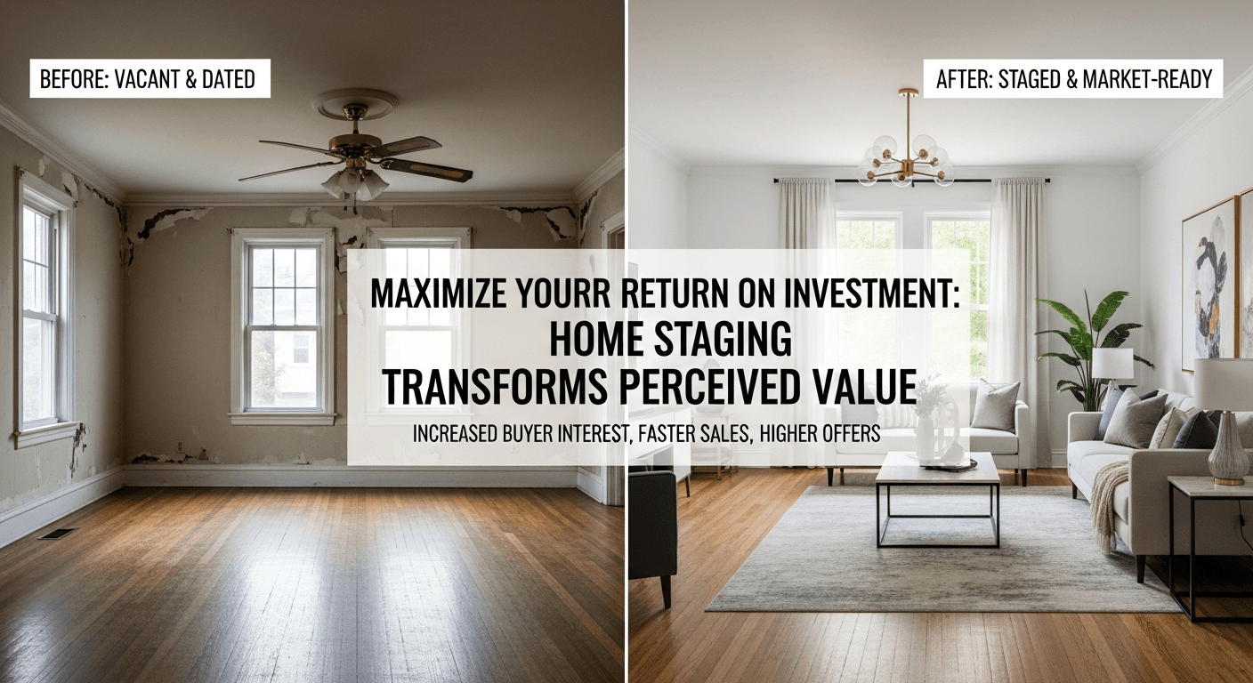 Före och efter homestaging av golv, väggar och tak som visar transformationer med hög ROI