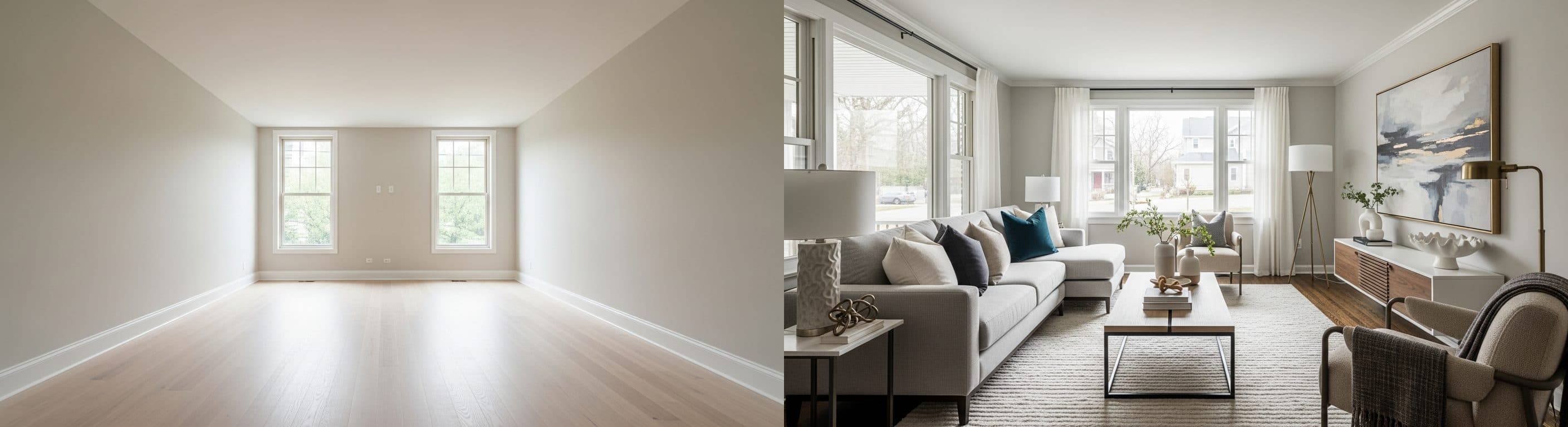 Vardagsrum: före vs efter virtuell staging