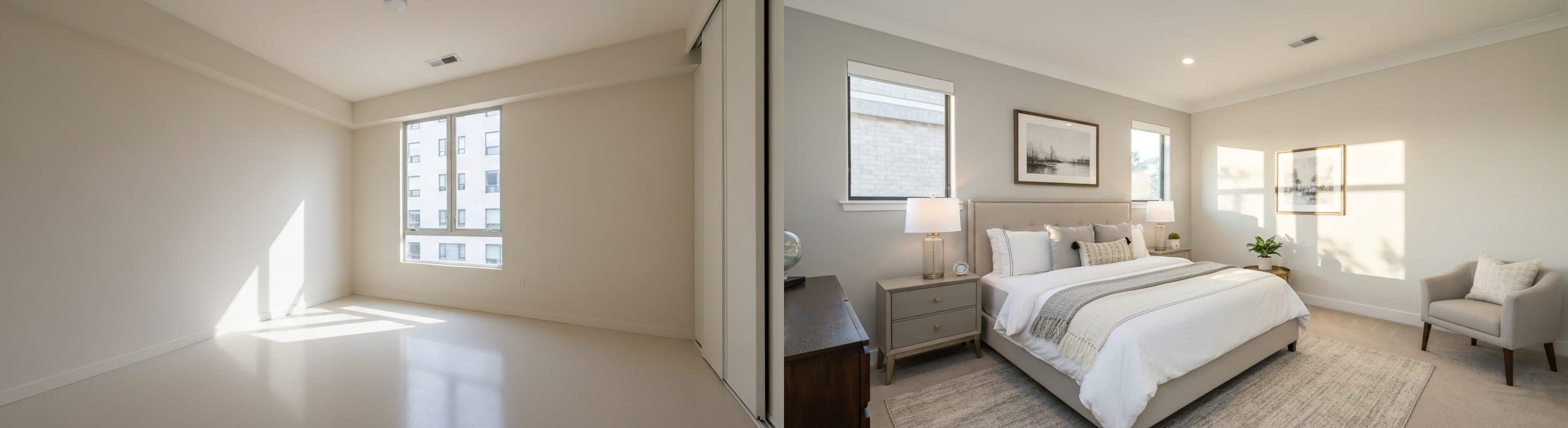 Sovrum: före vs efter virtuell staging