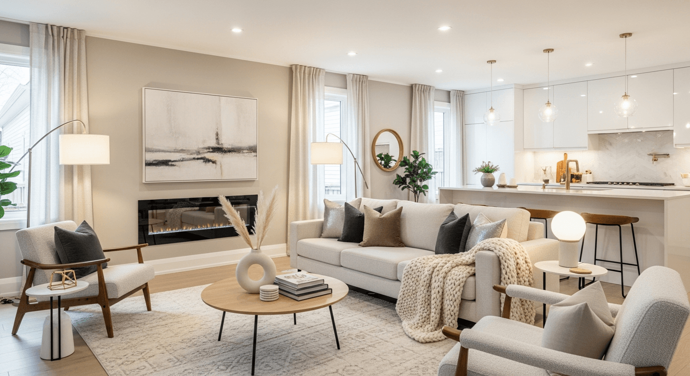 Ett vackert stylat vardagsrum kontra ett renoverat kök, som belyser ROI-skillnader