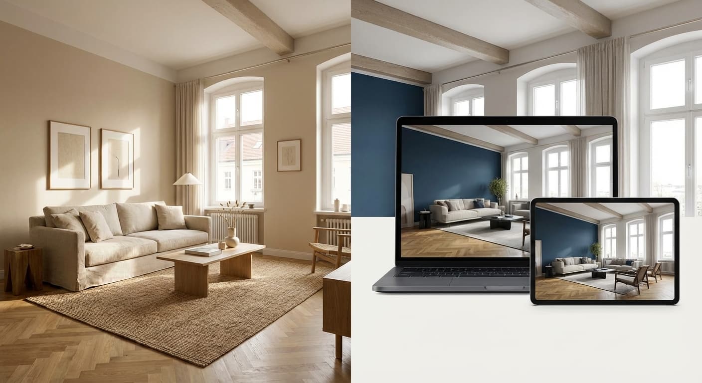 Side-by-side comparison of a physically staged living room and a virtually staged version for a 2026 property listing