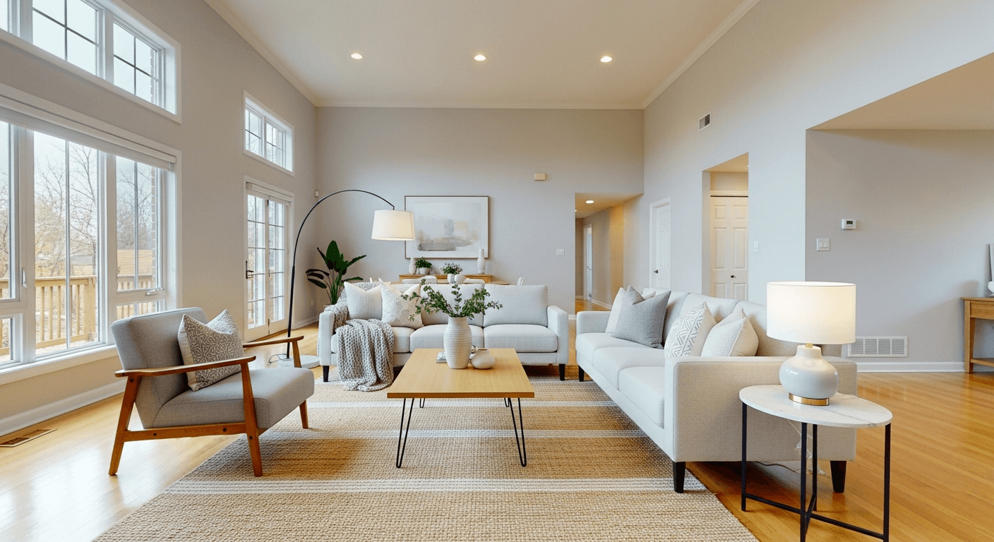 غرفة معيشة مجهزة بشكل جميل في منزل حديث، تعرض تقنيات التجهيز الافتراضي لجذب المشترين بسرعة في سوق ضعيف