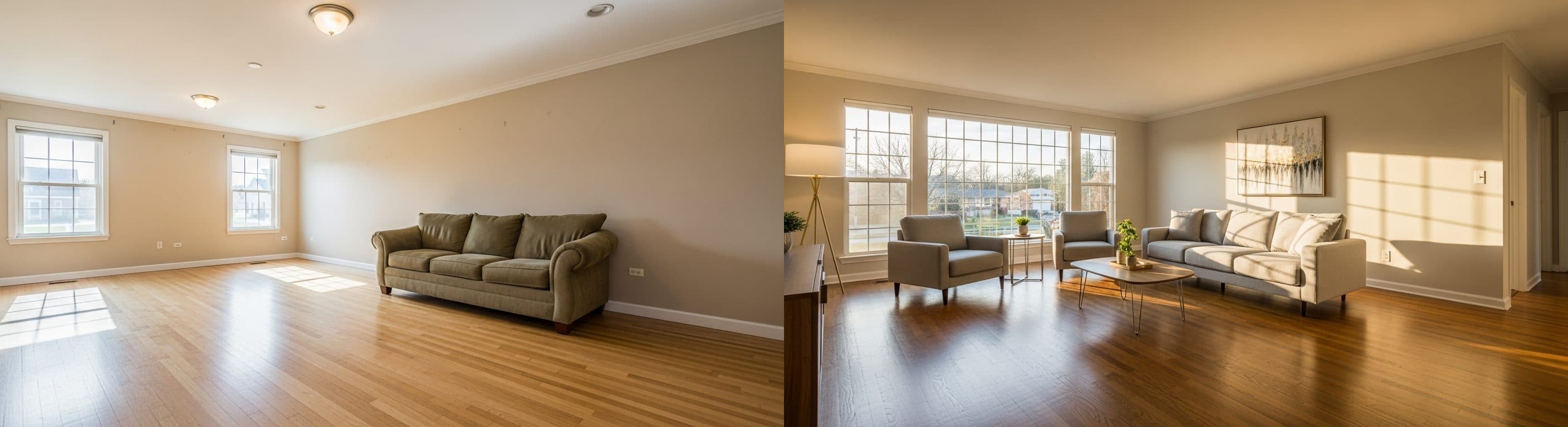 obývačka: pred a po virtuálnom stagingu