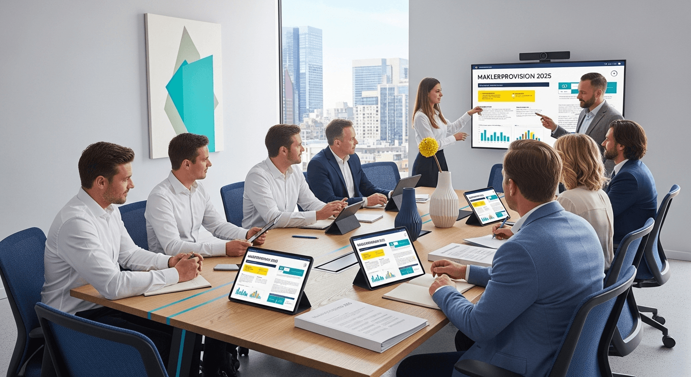 Illusztráció egy ingatlanügynökről, aki a Maklerprovision 2025-ről tárgyal vevőkkel és eladókkal egy ingatlaneladási asztal körül