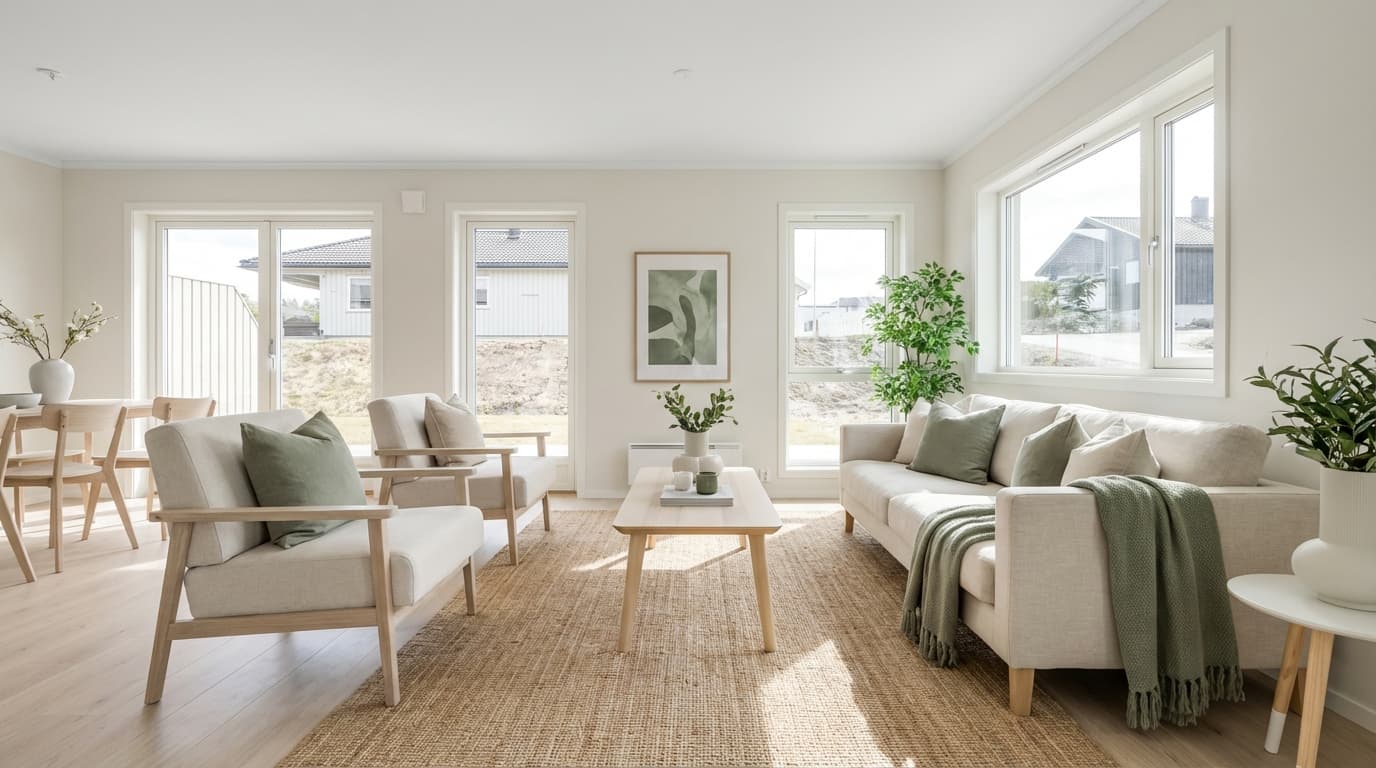 Bright, modern staged living room showing the impact of staging on perceived value and buyer interest