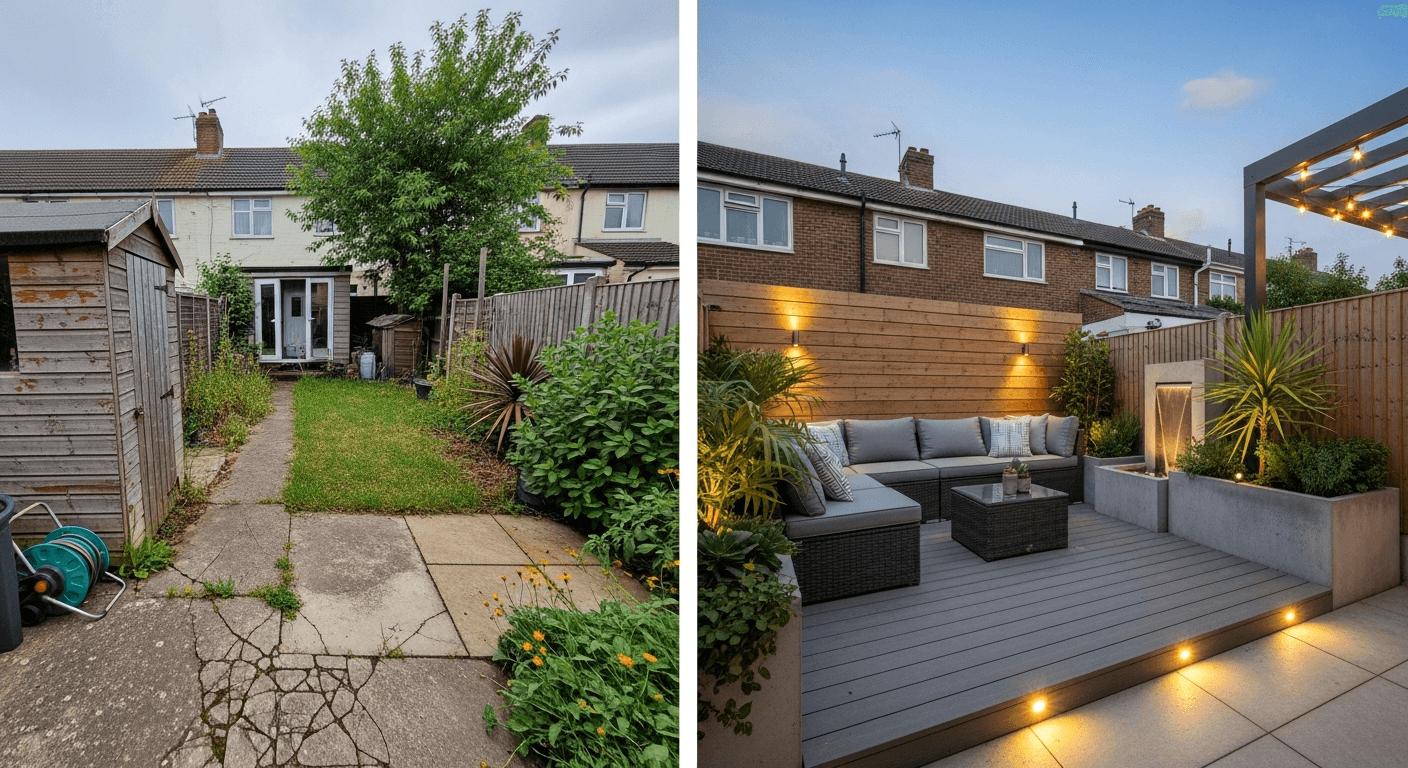 صورة قبل وبعد لترقية حديقة تظهر تغييرات صغيرة ذات تأثير كبير