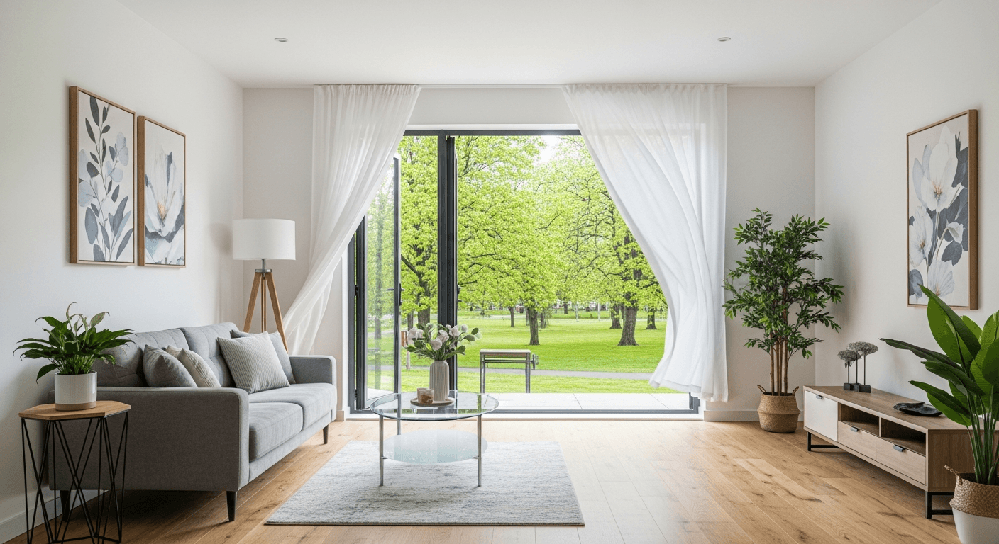 Uma sala de estar fresca e convidativa, livre de odores e umidade, exibindo um home staging eficaz