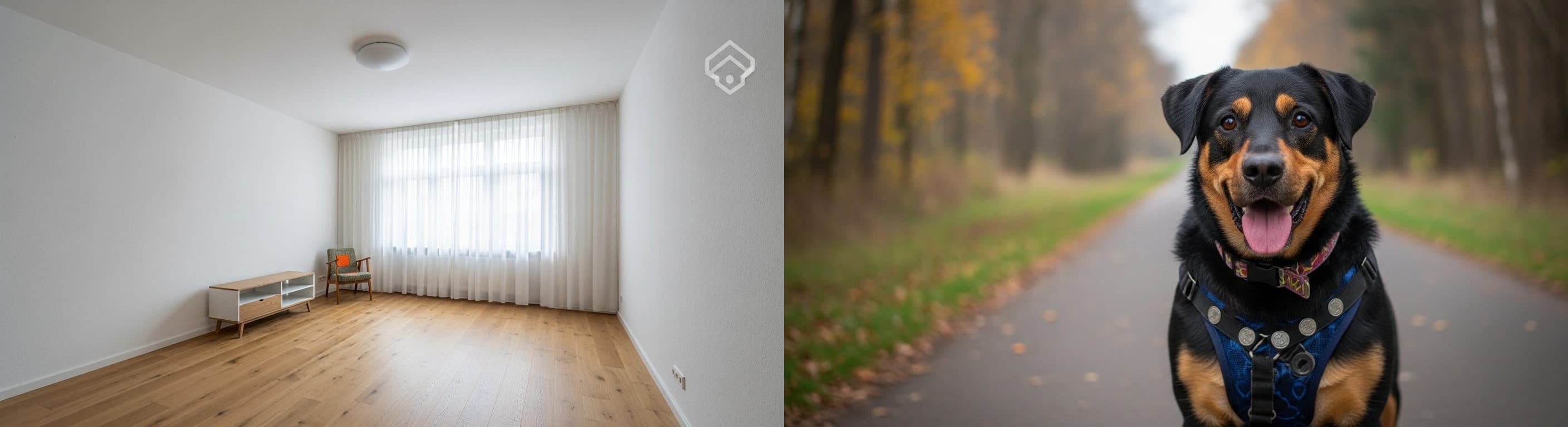 Wohnzimmer: Vorher-Nachher-Vergleich mit virtuellem Staging für ein Open House. Das 'Vorher'-Bild zeigt einen leeren Raum, während das 'Nachher'-Bild den Raum mit modernen Möbeln und Dekorationen präsentiert, um potenziellen Käufern die Raumwirkung zu verdeutlichen.