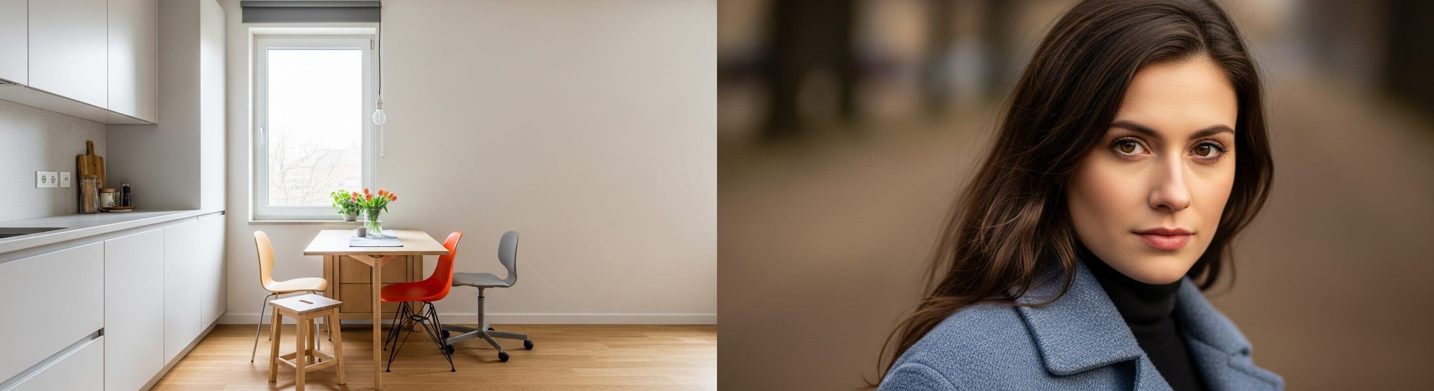 Essbereich / Küchenecke: Vorher-Nachher-Vergleich mit virtuellem Staging. Das 'Vorher'-Bild zeigt einen unmöblierten Bereich, während das 'Nachher'-Bild ihn mit einem Esstisch, Stühlen und passender Dekoration darstellt, um die Funktionalität und Ästhetik für potenzielle Käufer hervorzuheben.