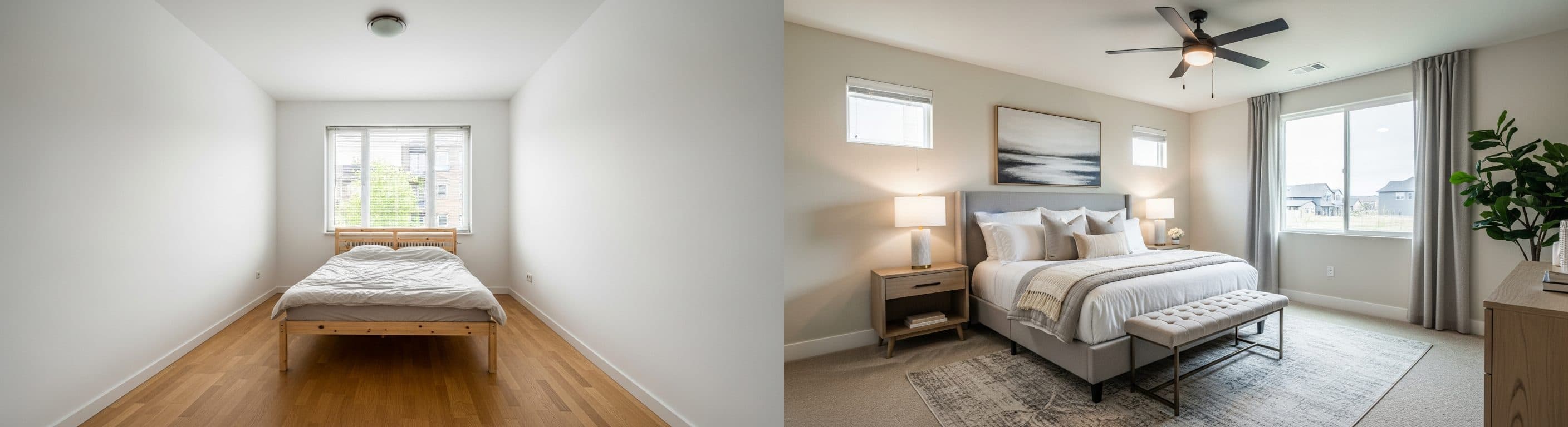 Hauptschlafzimmer: Vorher-Nachher-Vergleich mit virtuellem Staging. Das 'Vorher'-Bild zeigt einen leeren Raum, während das 'Nachher'-Bild ihn mit einem Bett, Nachttischen und passender Dekoration darstellt, um eine einladende Atmosphäre für potenzielle Käufer zu schaffen.