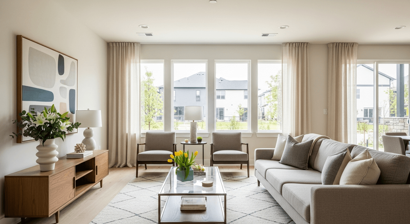 غرفة معيشة حديثة مجهّزة (staged) ومحضّرة لأوبن هاوس مع تنسيق نظيف، ضوء طبيعي ومنطقة تسجيل حضور