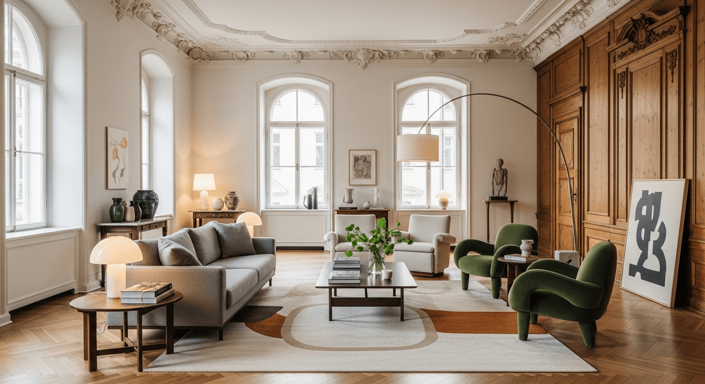 غرفة معيشة تاريخية مريحة مع سحر مؤكد من خلال التجهيز