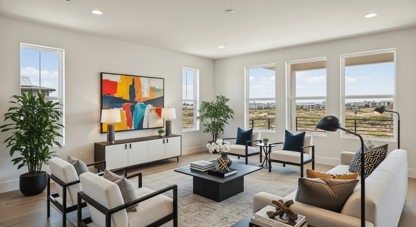 صورة عالية الجودة لغرفة معيشة مجهزة افتراضيًا تعزز ترتيب العقارات على البوابة