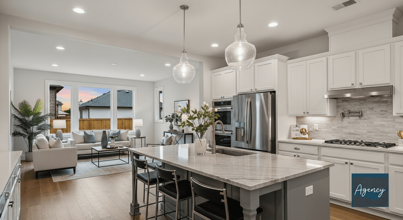 Agente imobiliário exibindo anúncio de propriedade com branding visual e staging moderno