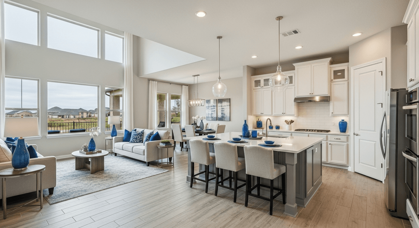 Modern ingatlanexpozé elrendezés berendezett ingatlanfotókkal és kulcsfontosságú értékesítési pontokkal