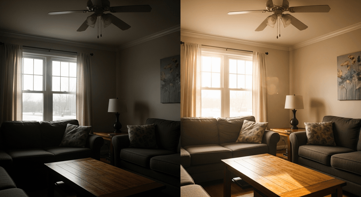 Before and after real estate photo editing example showing enhanced property image