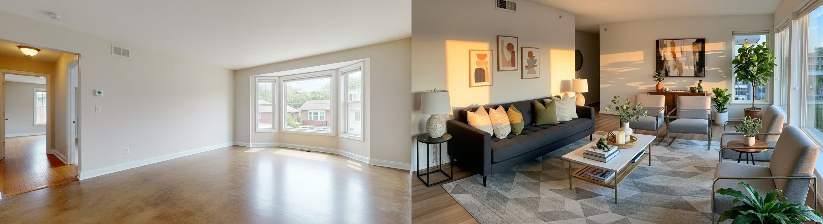 غرفة المعيشة: قبل وبعد التنسيق الافتراضي