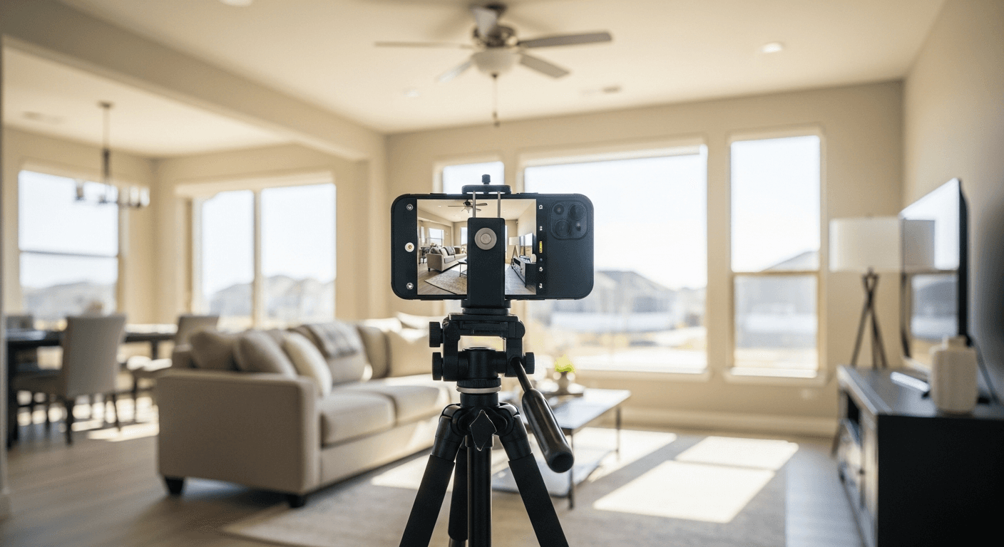 هاتف ذكي يلتقط إعداد صور عقارية احترافية بإضاءة وزوايا مثالية