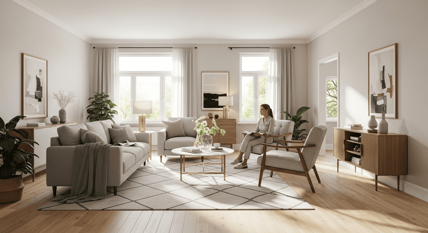 Mysigt solbelyst vardagsrum med moderna möbler, som framkallar en välkomnande hemkänsla