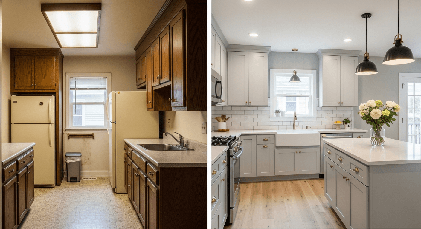 Изображение преди и след ремонт на кухня, показващо подобрения с висока възвръщаемост