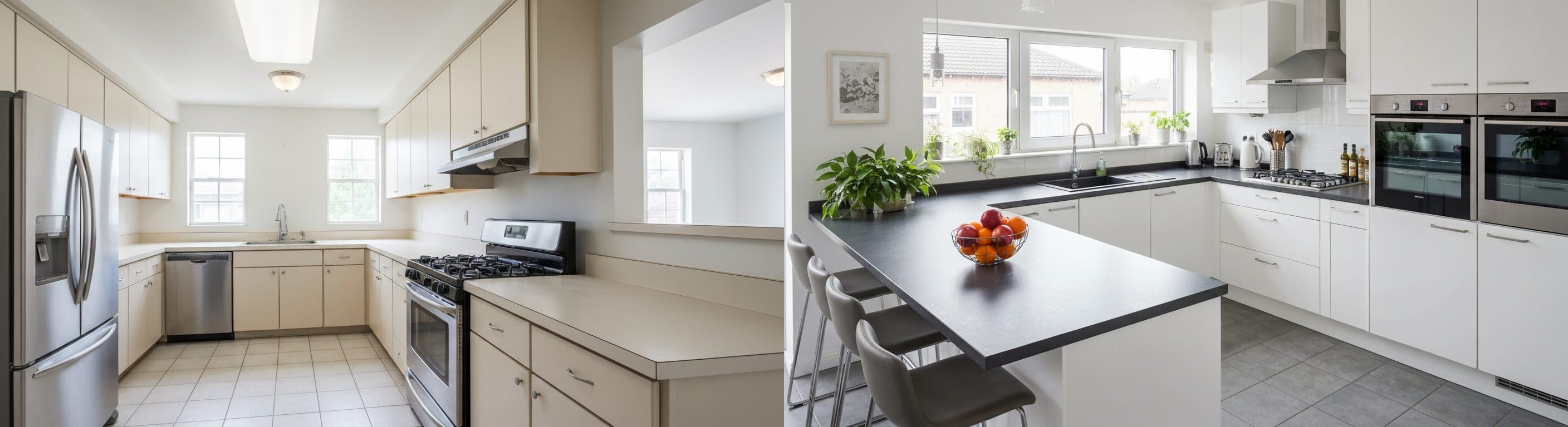 المطبخ: قبل مقابل بعد التجهيز الافتراضي