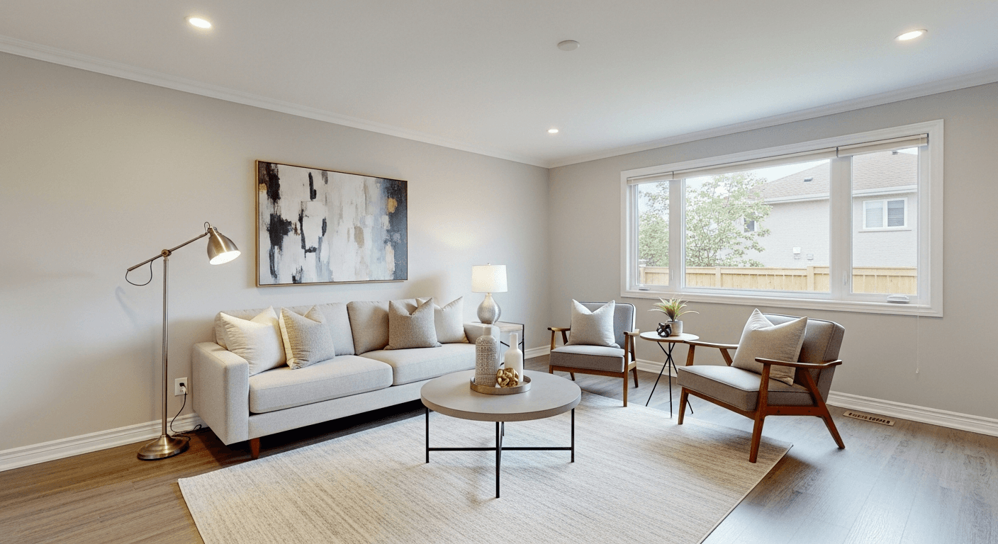 غرفة معيشة عصرية مجهزة افتراضيًا لبيع المنزل بشكل أسرع في سوق ضعيف